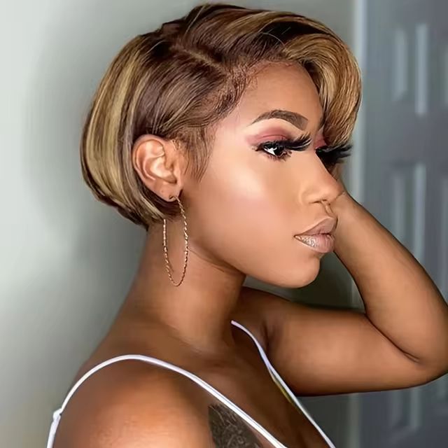 Human Short Style Brown root with Blonde color wig