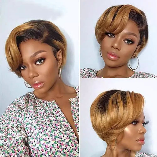 Human Short Style Brown root with Blonde color wig