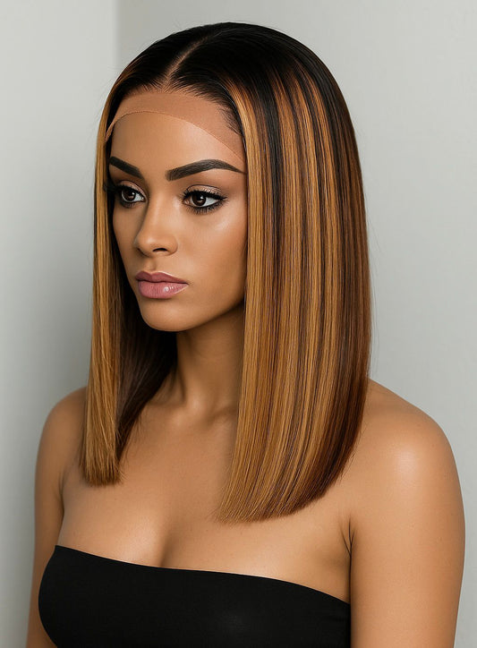 Deep brown roots to honey blonde highlights human bob wig 12"